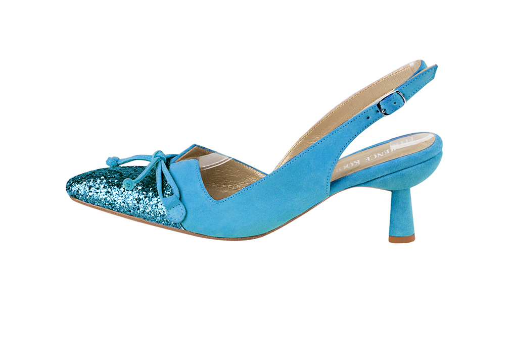 Turquoise blue women's open back shoes, with a knot. Tapered toe. Medium spool heels. Profile view - Florence KOOIJMAN